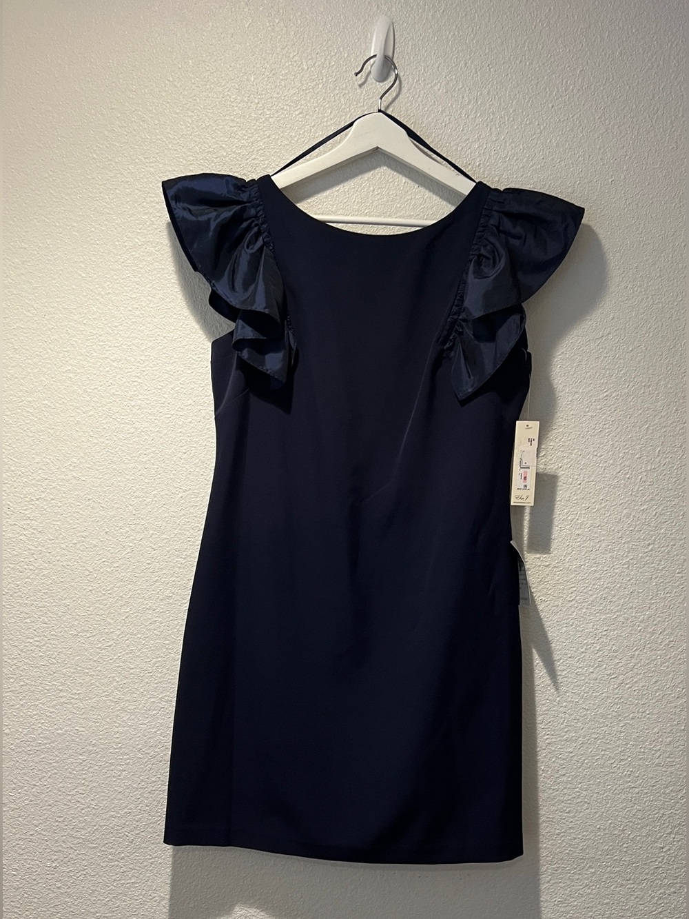 NWT Eliza J Navy Blue Ruffle Sleeve Cocktail Sheath Dress Size 10 V Back